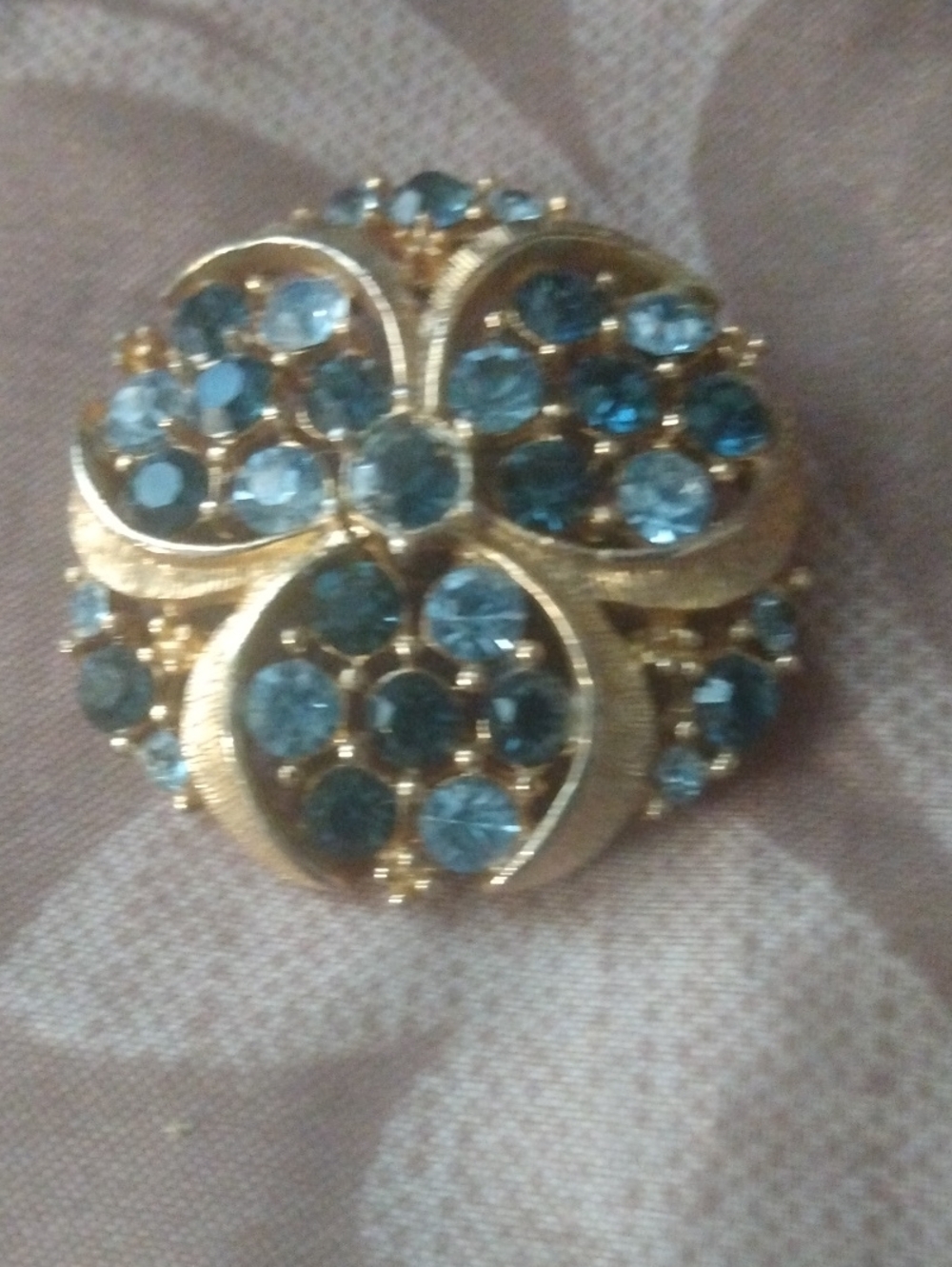 Gold-Tone Blue Crystal Floral Brooch